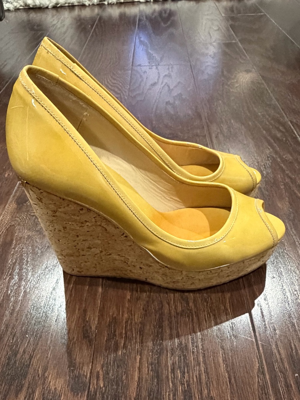 Jimmy Choo Yellow Patent Leather Peep Toe Wedge Slip-On Heels US 7 EU 37.5